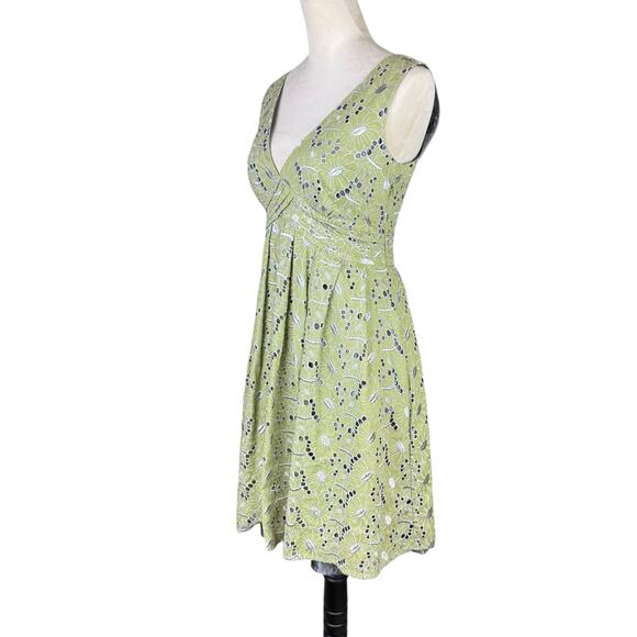 eShakti Sage Green Embroidered Eyelet Floral Fit & Flare Sleeveless Pleat Dress - Picture 2 of 13